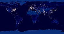 Artificial lights showing the locations of light pollution in October 2012.