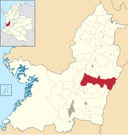 Location of the municipality and town of Buga, Valle del Cauca in the Valle del Cauca Department of Colombia.