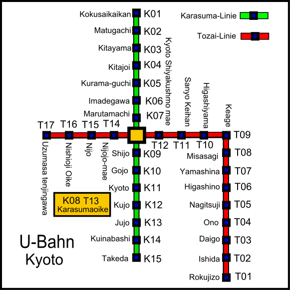 Plan der beiden U-Bahnlinien, die Station K11 ist der Bahnhof Kyoto