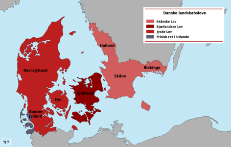 Abans de l'adopció del Codi civil de 1683 danès, cada landskab tenia el seu propi codi legal, excepte l'Uthlande (en gris) que seguia la Lex Frisionum