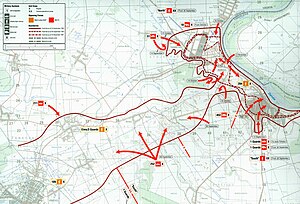 Map of the final phase of the battle, showing arrows driving into a narrow corridor and pushing back a defensive perimeter around the town