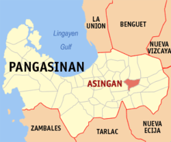 Mapa ng Pangasinan na nagpapakita sa lokasyon ng Asingan.