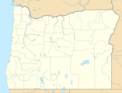Mapa konturowa Oregonu, blisko górnej krawiędzi po lewej znajduje się punkt z opisem „Astoria”