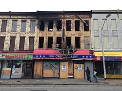 Row of vacant commercial buildings on the 2000 block of W. Pratt Street in Carrollton Ridge, Baltimore