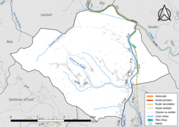 Carte en couleur présentant le réseau hydrographique de la commune