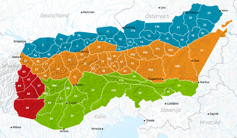 Las subdivisiones de los Alpes orientales según el AVE; los Dolomitas corresponden al n.º 52 y los Dolomitas de Fiemme al n.º 53