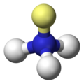アンモニアの電子対配置は四面体形である。2つの孤立電子は黄色、水素原子は白色で示されている。