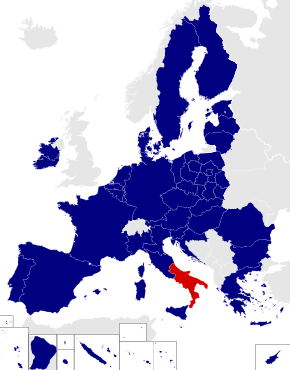 Map of the European Parliament constituencies with Southern Italy highlighted in red