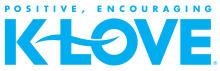 The K-Love network logo: the letters K and LOVE, with a stylized swoosh forming the dash and crossing the L and O, with the words "Positive, Encouraging" on top, all in light blue.