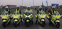 St John livered ambulance motorcycles parked at the blue start for Virgin London Marathon 2010.