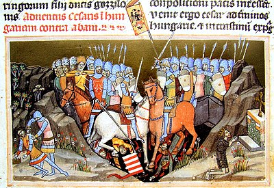 Chronicon Pictum, Hungarian, Hungary, King Samuel Aba, Emperor Henry III, German, battle, battle of Ménfő, knights, white horse, Árpád stripes, medieval, chronicle, book, illumination, illustration, history