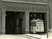 De oude tramremise Dalsenget, die op 10 oktober 1956 is afgebrand; jaren vijftig.