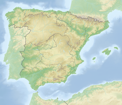 Mapa konturowa Hiszpanii, u góry po prawej znajduje się punkt z opisem „źródło”, natomiast u góry znajduje się punkt z opisem „ujście”