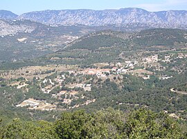 The village with the Corbières Massif in the background