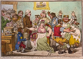 James Gillray, The Cow-Pock—or—the Wonderful Effects of the New Inoculation! (1802). Vaccinations eventually helped eliminate smallpox from the world.