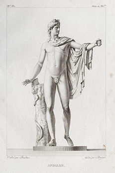 Gravure à l’eau-forte représentant l’Apollon du Belvédère (Pierre-Michel Bourdon dans Cours historique et élémentaire de peinture ou Galerie complette du Museum central de France, 1813). (définition réelle 2 142 × 3 225)