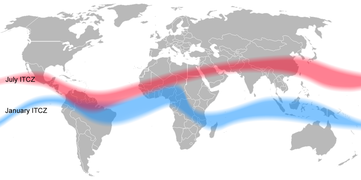 Die Lage der innertropischen Konvergenzzone (ITC) im Juli (rot) und im Januar (blau)