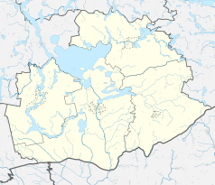 Mapa konturowa powiatu piskiego, po lewej znajduje się punkt z opisem „Wygryny”