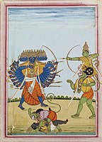 Rama and Hanuman fighting Ravana from Ramavataram, an album painting on paper from Tamil Nadu, c. 1820 CE