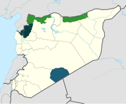 Areas under control of various opposition groups as of January 2024      Interim Government (National Army)      Salvation Government (Tahrir al-Sham)      al-Tanf (Revolutionary Commando Army)