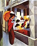 August Macke, Kvinna med parasoll framför en hattbutik (1914).