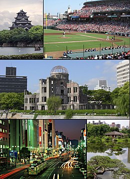 Boppe lofts:Kastiel fan Hiroshima, Gemeentlik baseball-stadion, Fredesmonumint, jûntiid yn Ebisu-cho, Shukkei-en (Asano-park)