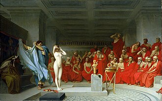 Painting showing a man dressed in a blue robe taking away the robe of a woman, leaving her standing nude. A jury of men watch.