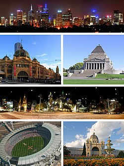 (Nga lartë në të majtë deri posht djathtas) Qendra e qytetit, Stacioni hekurudhor Flinders Street, Përkujtimorja, Sheshi Federata, Stadiumi i Melburnit për Cricket, Ndërtesa e Ekspozitës Mbretërore.
