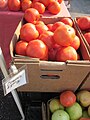 Corrugated tray of tomatoes at a farmers market