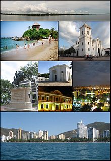 Zgoraj: panoramski pogled na Cienaga Grande de Santa Marta, iz notranjosti močvirja, 2. levo: Pogled na Mirador v Cabo San Juan del Guia, naravni park Tayrona, 2. desno: katedrala Santa Marta (La Casa del Farol), 3. levo: Kip Simona Bolívarja v Quinta of Saint Pedro Alejandrino, 3. zgornja sredina: kolumbijski nacionalni panteon v Barrio Mamatoco, 3. spodnja sredina: Nočni pogled na mestno hišo Santa Marta, 3. desno: pogled v somraku na Poklon etničnemu trgu Tayrona, spodaj: panoramsko pogled na park Acuatico El Rodadero in letoviško območje z območja Gaira