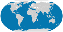 Planisphère de couleur grise représentant en bleu la présence de l'Orque dans le monde (Océans du monde entier, sauf la mer Baltique ou la mer Noire notamment).