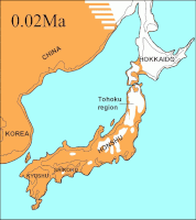 Japonsko otočje v času zadnjega ledeniškega maksimuma pred 20.000 leti, tanka črna črta predsatvlja današnje kopno (oranžna - poraščeno kopno, bela neporaščeno kopno, modra - morje)