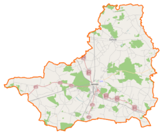 Mapa konturowa powiatu jarocińskiego, po lewej nieco na dole znajduje się punkt z opisem „Jaraczewo”