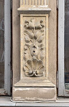 Renaissance Revival margent on a pilaster of the Dimitrie Sturdza House (Strada Arthur Verona no. 13-15), Bucharest, Romania, unknown architect, 1883[1]