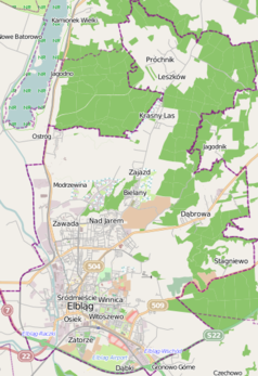 Mapa konturowa Elbląga, blisko centrum po lewej na dole znajduje się punkt z opisem „Zakrzewo”