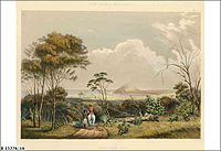 Painting of Encounter Bay by George French Angas circa 1846 depicting Rosetta Head from the east.