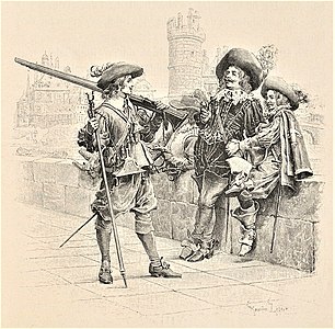 Cadet dans la compagnie des Essarts des Gardes françaises, d'Artagnan monte la garde, entouré de ses trois amis mousquetaires.