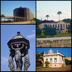 Do alto, da esquerda para a direita: Hangar do Zeppelin, Palacete Princesa Isabel, Solar dos Araújos e Fonte Wallace