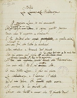 Het manuscript van Leopardi's gedicht ''Alla Luna''.