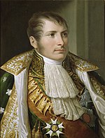 Painting shows a wavy-haired man in early 1800s court dress. He wears a frilled shirt front and a coat with lots of gold braid.