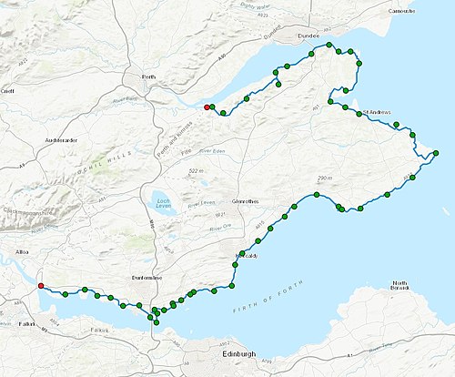 Approximate map of the Fife Coastal Path