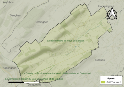 Carte des ZNIEFF de type 2 sur la commune.