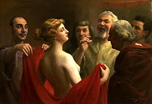 Painting of a woman from behind, opening her robe to reveal her breasts to several men.