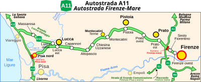 A11 Italiako mapan eta hurbilagoko detailean.