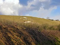 Outline of a crown cut into the hillside. Wye Crown, at Wye, Kent