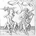 Frau mit Strumpfbändern unter den Knien, Israhel van Meckenem, Ende 15. Jahrhundert