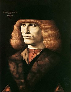 Portrait peint de trois-quart face d'un homme tourné vers la gauche et aux longs cheveux roux