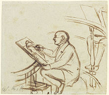 Dessin. Un homme assis dessine sur une grande feuille.