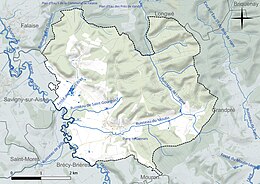 Carte en couleur présentant le réseau hydrographique de la commune