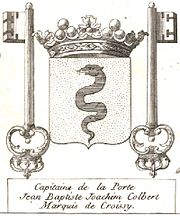 Armoiries de Jean-Baptiste Joachim Colbert, fils de Jean-Baptiste Colbert, marquis de Torcy, lieutenant-général des armées du roi, gouverneur de Crécy-en-Brie et capitaine des gardes de la porte du roi.